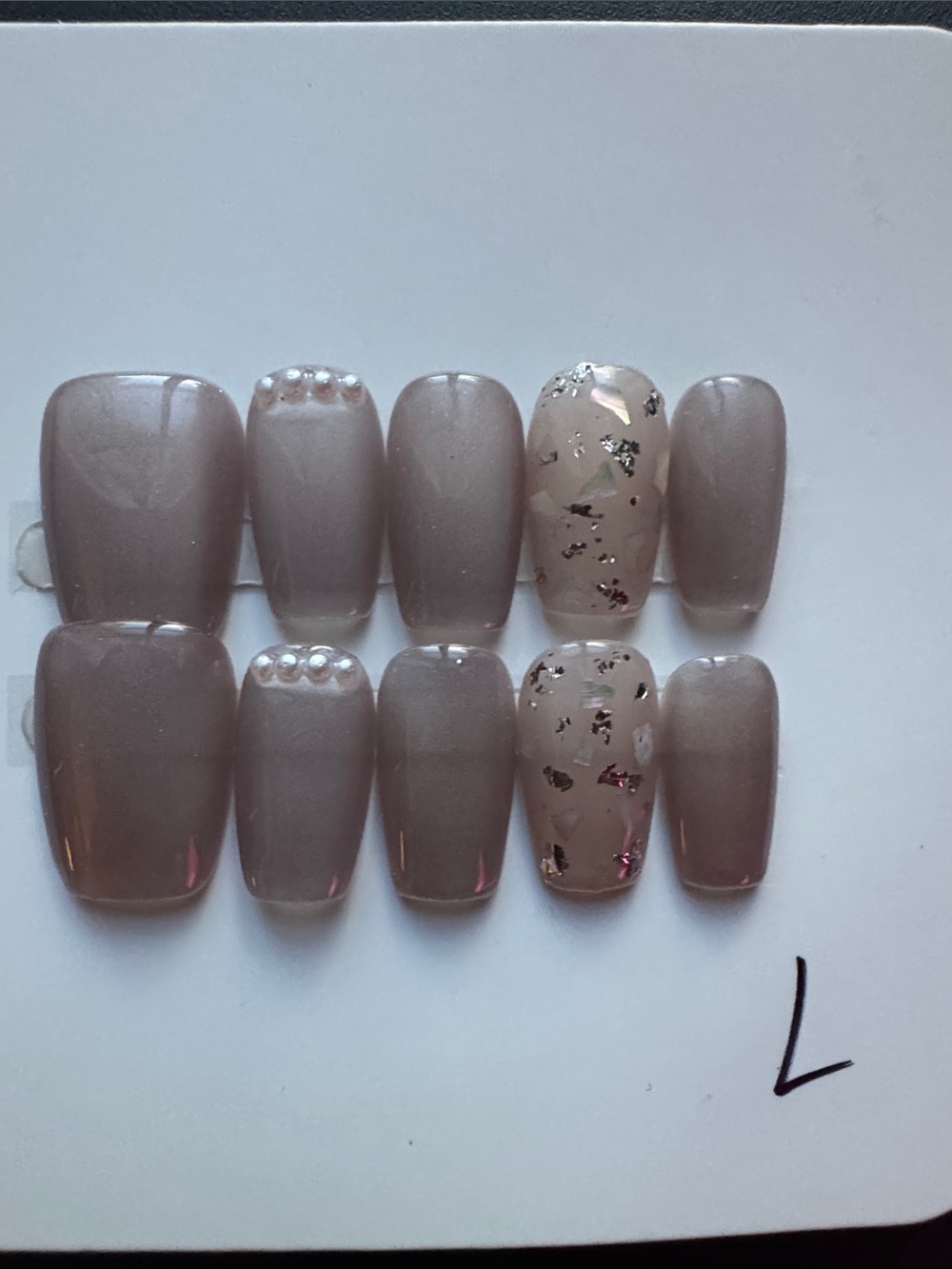Neutral Taupe Press-On Nails with Pearl & Flake Accents